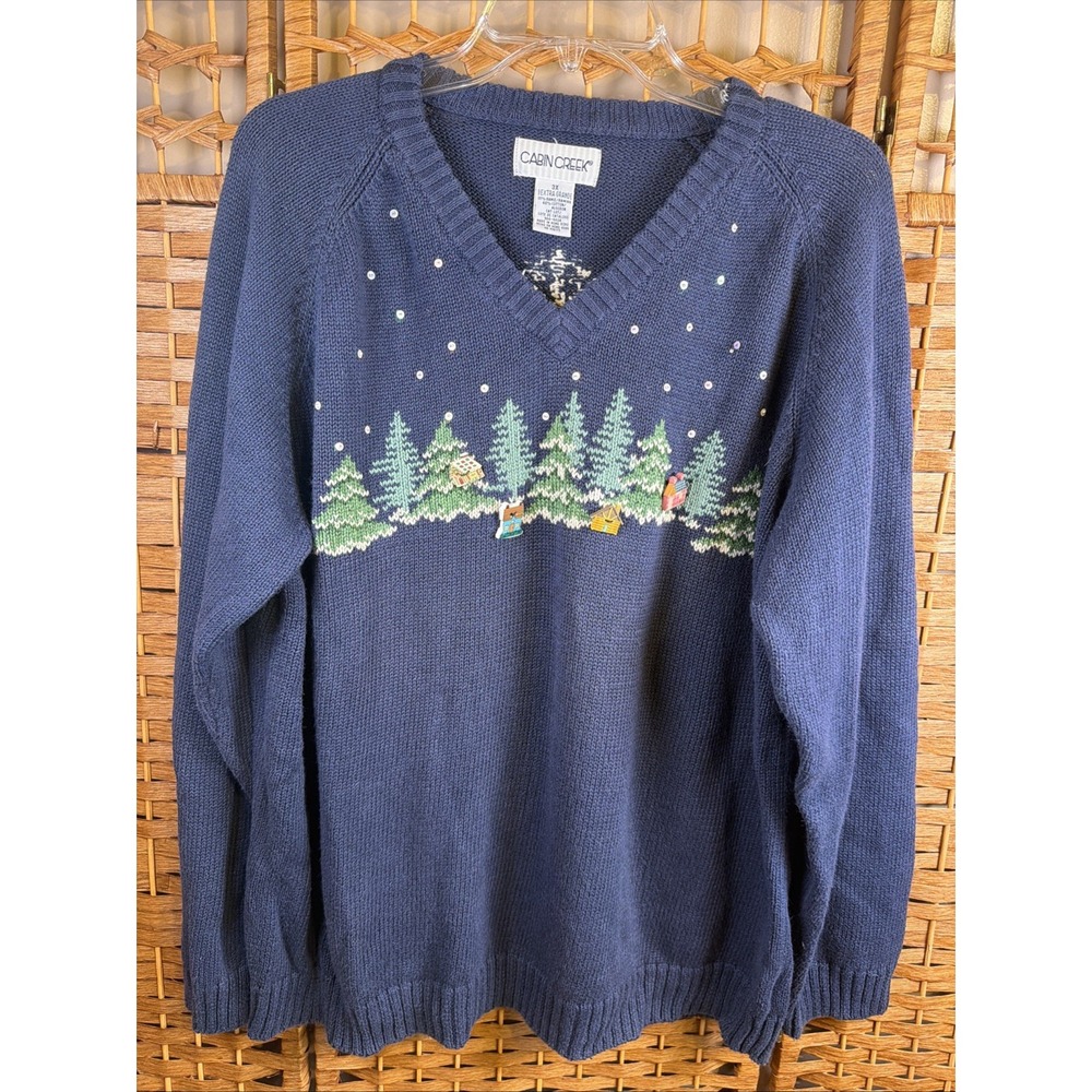 VTG Cabin Creek Embroidered Sweater Women's 3X Ramie Cotton Winter Cottage Core
